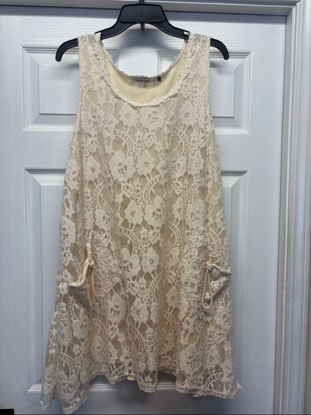 Origami Lace Overlay Cream Shift Dress with Pockets Fairycore Cottagecore Sz S/M